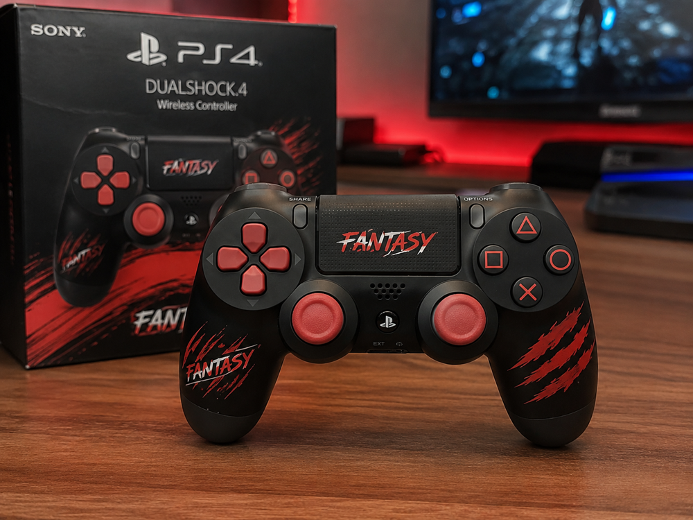 دسته بازی PS4 Fantasy مشکی قرمز با طراحی خاص روی میز گیمینگ و نورپردازی حرفه ای.
